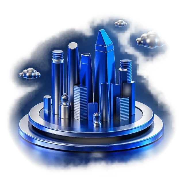 A cobalt and chrome skyline on a circular platform, symbolizing connected digital products.